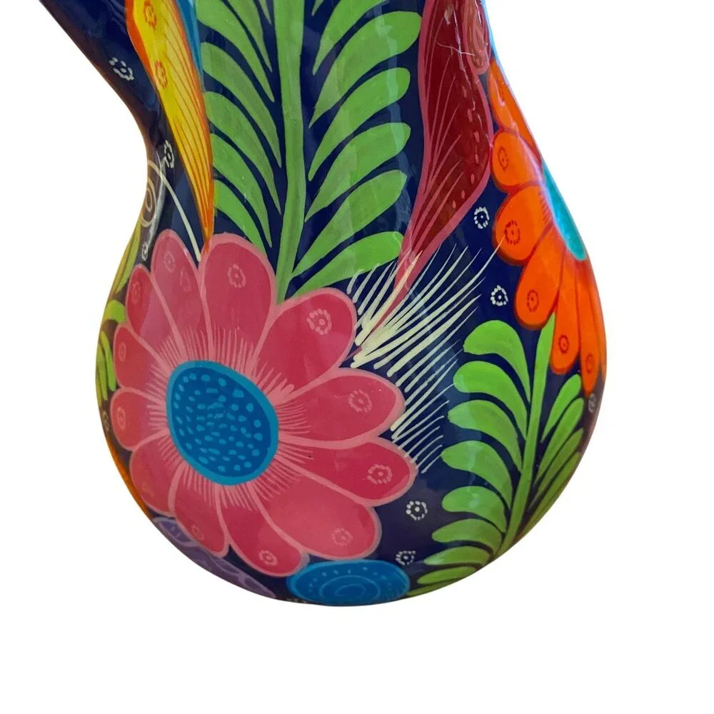 Terracotta hand-painted floral‎ jug bright boho unique clay flowers, Mexican